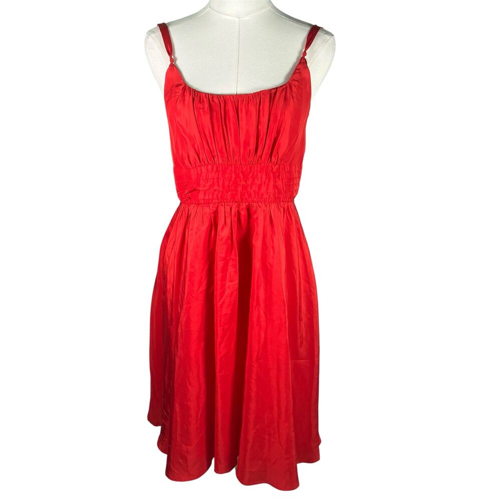 Moulinette Soeurs Red Silk Midi Dress Size 8 Smocked‎ Waist Flawed Spots